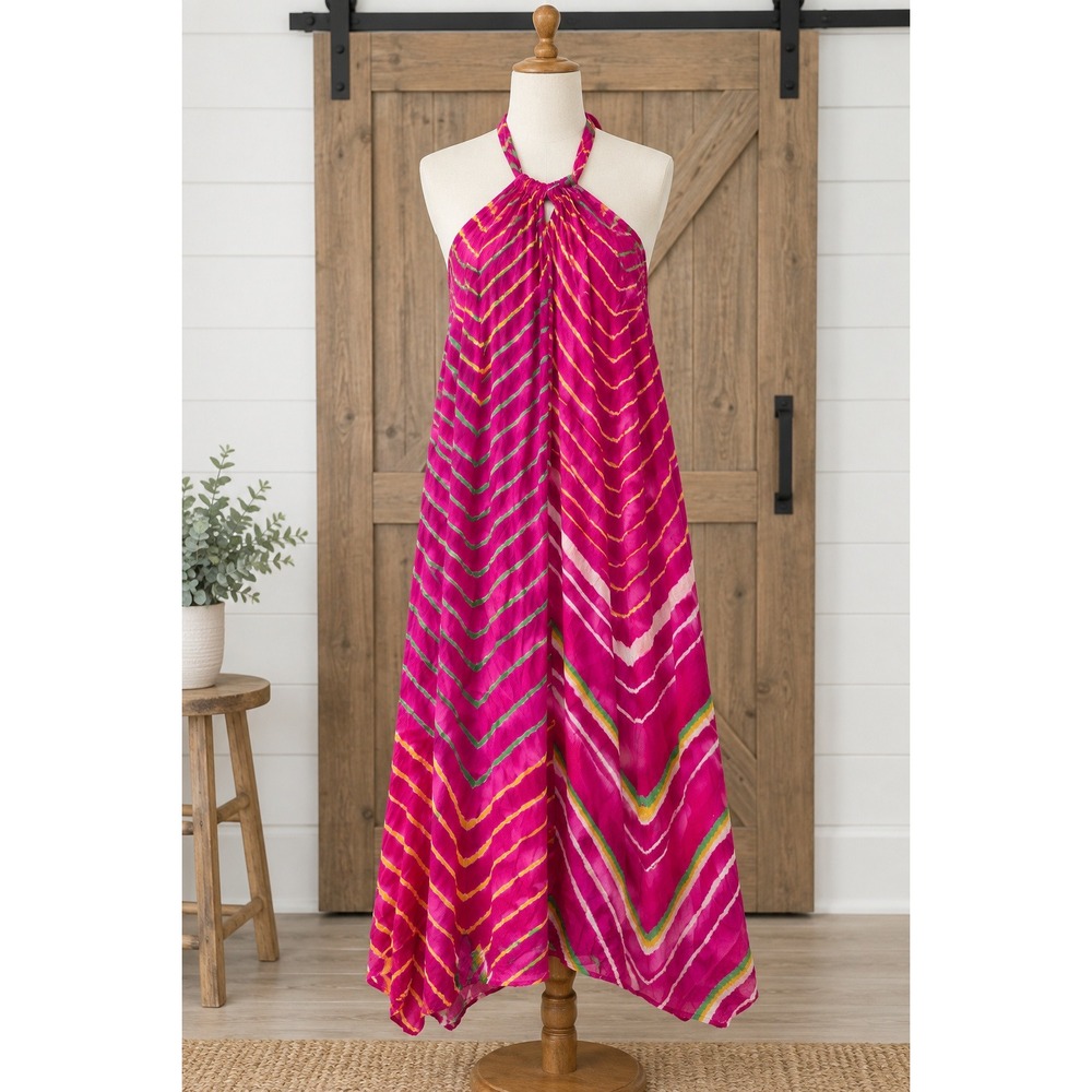 Polo Ralph Lauren Pink Silk Chevron Stripe Halter Tie Handkerchief Hem Dress 14